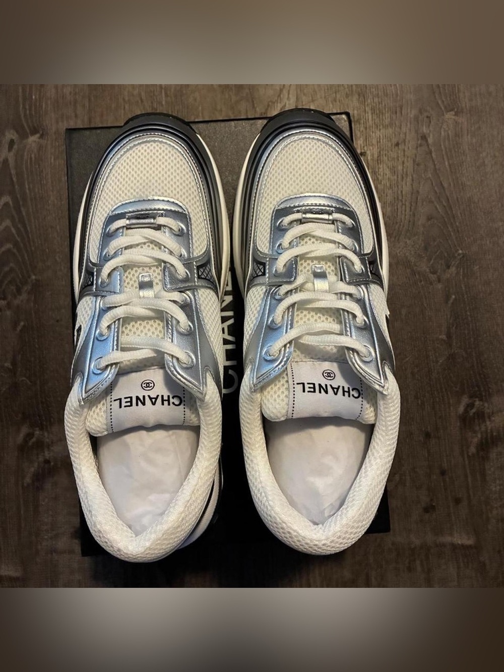 CHANEL Silver and White Mesh Logo Runner Sneakers - Picture 3 of 5